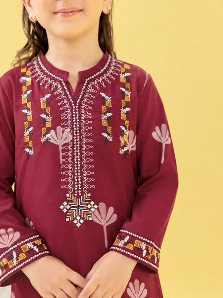 Girls Maroon Printed Cotton Embroidered 2-Piece Suit