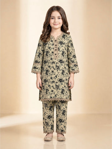 Girls Beige & Black Floral Printed Cotton 2-Piece Suit