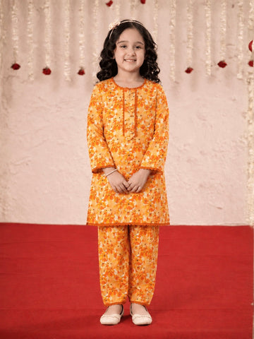 Girls Printed Cotton 2 Piece Suit – Orange Floral Casual Wear
