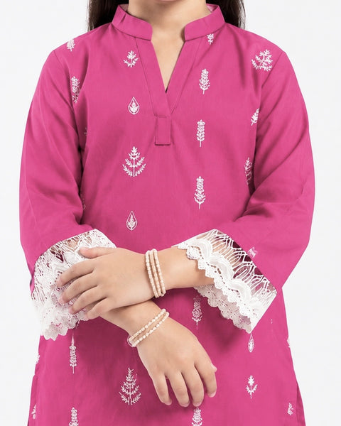 Girls Embroidered Cotton Pink 2 Piece Suit