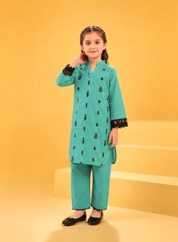 Girls Embroidered Cotton Sea Green 2 Piece Suit