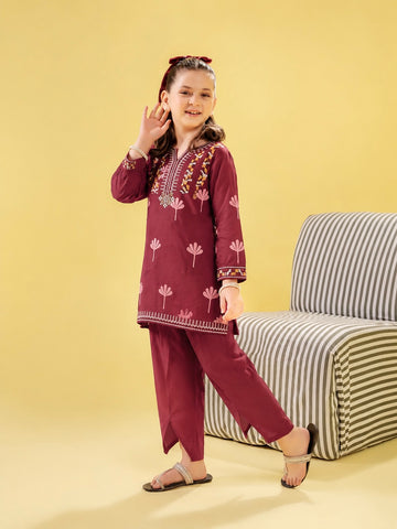 Girls Maroon Printed Cotton Embroidered 2-Piece Suit
