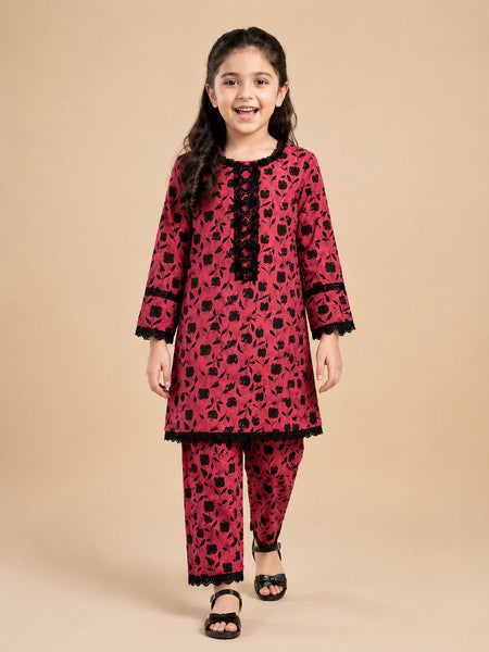 Girls Printed Cotton 2 Piece Suit – Maroon & Black