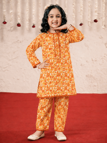 Girls Printed Cotton 2 Piece Suit – Orange Floral Casual Wear