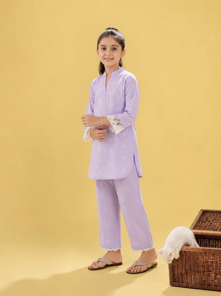 Girls Embroidered Light Purple Cotton 2 Piece Suit –