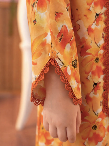 Girls Printed Cotton 2 Piece Suit – Orange Floral Casual Wear