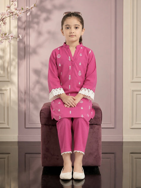 Girls Embroidered Cotton Pink 2 Piece Suit