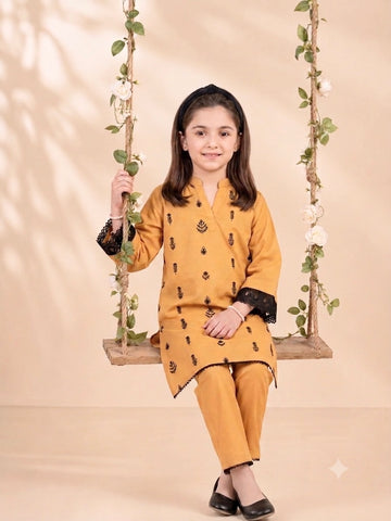 Girls Embroidered Mustard Cotton 2 Piece Suit