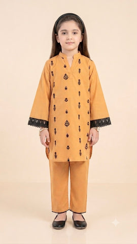 Girls Embroidered Mustard Cotton 2 Piece Suit